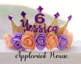 Birthday Crown , Birthday Flowers Crown, Custom Birthday Crown, Personalized Headband, Floral Gold Crown, Birthday Crown with Name and Age
