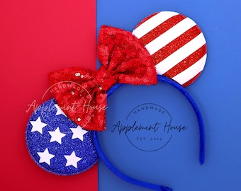 4th of July Minnie Ears, Patriotic Mickey Ears Headband, American Flag Mouse Ears, Red White Blue Glitter Bow, Independence Day Outfit