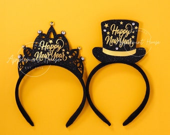 2025 New Year Party Crown, Black Gold Crown, Happy New Year Tiara, Top Hat Design Headband, 2025 New Years Eve Accessories for Kids & Adults