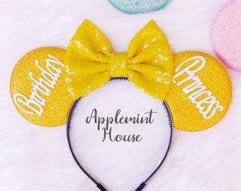 Birthday Princess Yellow Ears, Mickey Ears, Custom Color Minnie Ears, Glitter yellow Mickey Ears, Mouse Ears headband, Personalized Ears