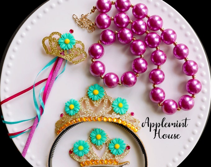 Ausgefallene Nanci-Krone, ausgefallenes Nanci-Kronen-Stirnband, Kostüm-Krone und Zauberstab, Prinzessinnenkrone, Geburtstagskrone, Blumenkrone, Ausgefallene Nanci-Halskette