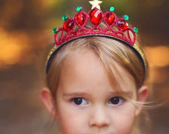 Christmas Crown Headband for Kids & Girls, Red Tiara for Holiday Party, Glitter Headband for Baby Girl, Elastic Rhinestone Crown