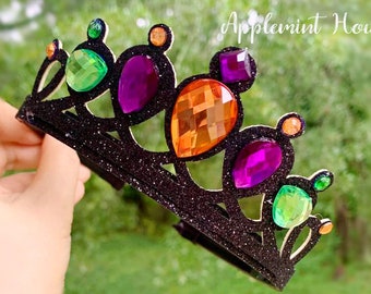 Halloween Crown headband for Girls, Kids and Adults, Costume Black Glitter Tiara with Orange, Purple and Green Gems, Halloween Headpieces