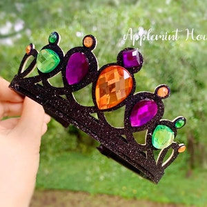 Halloween Krone Stirnband für Mädchen, Kinder und Erwachsene, Kostüm Schwarz Glitter Tiara mit Orange, Lila und Grün Edelsteinen, Halloween Kopfschmuck