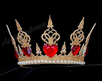 Queen Of Hearts Crown, Queen Of Hearts Costume crown, Birthday Crown, Glitter Gold Crown with Heart Headband, Halloween Costume Crown