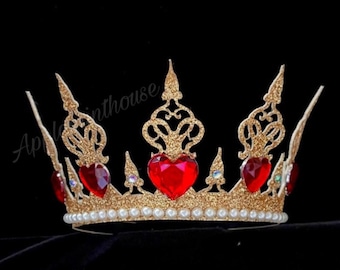 Queen Of Hearts Crown, Queen Of Hearts Costume crown, Birthday Crown, Glitter Gold Crown with Heart Headband, Halloween Costume Crown