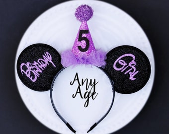 Birthday Purple Party Hat ears, Custom Mickey ears, Mickey ears, Birthday ears, Minnie ears, Birthday Mickey ears, Mouse ears headband