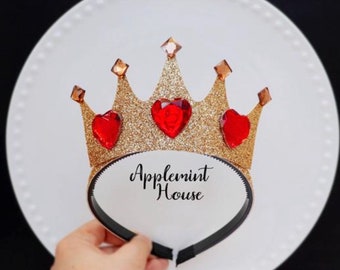 Queen Of Hearts Crown, Queen Of Hearts Costume crown, Birthday Crown, Glitter Crown with Heart Headband, Queen Of Hearts Accessories