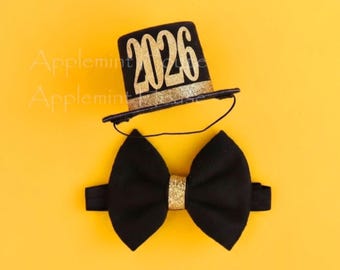 2026 Mini Top Hat & Bow Tie Set, Newborn First New Year Photo Prop, Black and Gold Baby New Years Photo Accessory