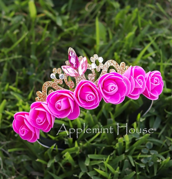 Pink Flower Gold Crown, Aurora Floral Tiara, Glitter Crown  display picture 1