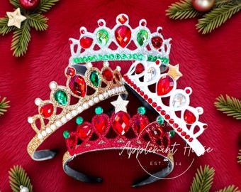 Christmas Crown, Holiday Princess Tiara headband, Red Green Gold Glitter Crown for Kids, Girl and Adult, Christmas Hair Accessory Gift
