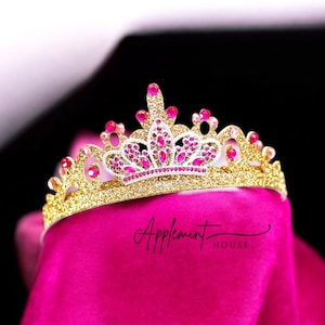 Gold Pink Glitter Crown Headband, Aurora Birthday Crown for Girls, Princess Rhineston Tiara Kids & Adults, Baby Crown with Elastic Headband