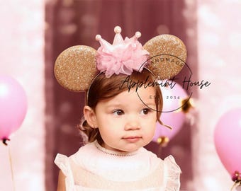 Birthday Ears for Baby Girls, Mickey ears, First Birthday Minnie Ears for Toddler and Kids, Gold & Pink Crown Mickey Ears Elastic Headband
