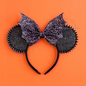 Spikes Mouse Ears, Mickey Ears, Goth Halloween Ears, Minnie Ears, Black and Purple Bat Bow Mickey Ears, Goth Spikes Glitter Minnie Headband