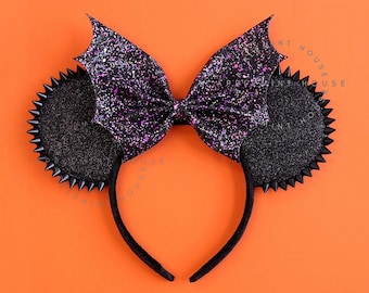 Spikes Mouse Ears, Mickey Ears, Goth Halloween Ears, Minnie Ears, Black and Purple Bat Bow Mickey Ears, Goth Spikes Glitter Minnie Headband