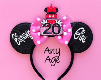 Birthday Girl ears, Mickey ears, Birthday Mickey ears, Mouse ears headband, Pink white Polka dots Ears, Minnie Ears, Mickey Ears, Mouse Ears