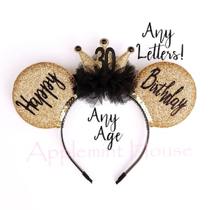 Orejas de corona doradas y negras de cumpleaños, orejas de Mickey, orejas de reina de cumpleaños, orejas de cumpleaños personalizadas, orejas de Minnie, diadema con orejas de ratón para adultos y niños