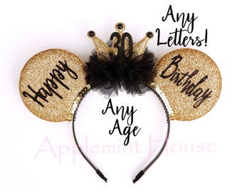 Birthday Gold & Black crown ears, Mickey ears, Birthday Queen ears, Custom Birthday ears, Minnie ears,  Mouse ears headband adults and kids