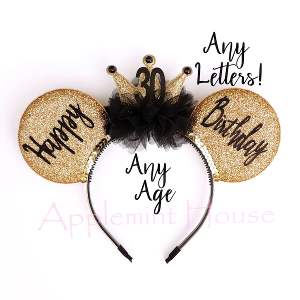 Birthday Gold & Black crown ears, Mickey ears, Birthday Queen ears, Custom Birthday ears, Minnie ears,  Mouse ears headband adults and kids