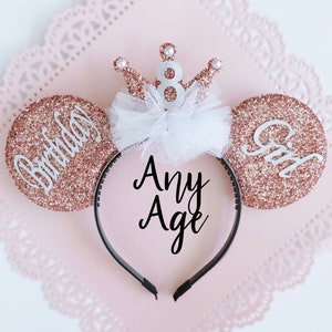 Birthday Girl Mouse Ears | Rose Gold Glitter Minnie Ears with Crown for Any Age | Custom Handmade Mickey Headband | Personalized Gift Idea