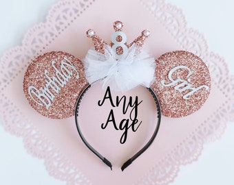 Birthday Girl Mouse Ears | Rose Gold Glitter Minnie Ears with Crown for Any Age | Custom Handmade Mickey Headband | Personalized Gift Idea