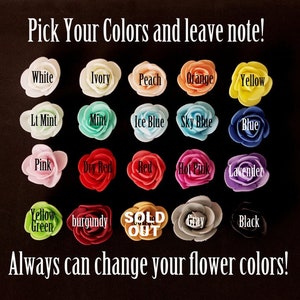 May include: A chart of 16 different colored fabric flower options for a craft project. The colors include white, ivory, peach, orange, yellow, light mint, mint, ice blue, sky blue, blue, pink, dry red, red, hot pink, lavender, yellow green, burgundy, gray, and black. The text "SOLD OUT" is in a yellow circle.