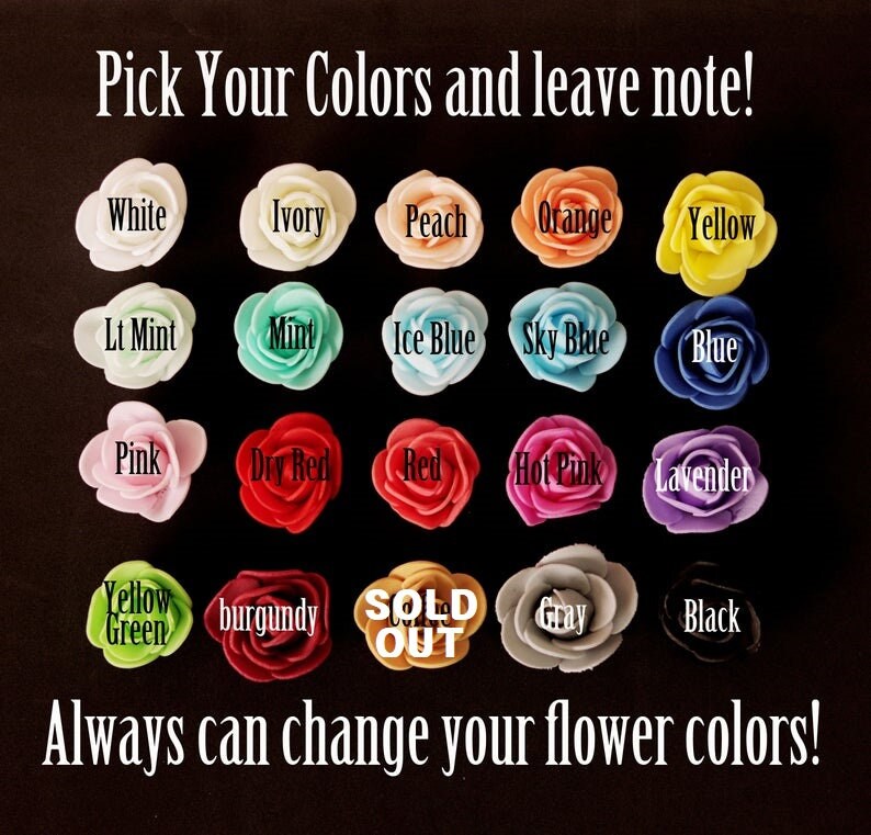 May include: A chart of 16 different colored fabric flower options for a craft project. The colors include white, ivory, peach, orange, yellow, light mint, mint, ice blue, sky blue, blue, pink, dry red, red, hot pink, lavender, yellow green, burgundy, gray, and black. The text "SOLD OUT" is in a yellow circle.