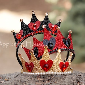 Queen Of Hearts Crown, Queen Of Hearts Costume crown, Birthday Crown, Glitter Gold Crown with Heart Headband, Halloween Costume Crown