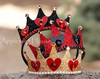 Queen Of Hearts Crown, Queen Of Hearts Costume Headband, Birthday Crown, Glitter Gold Crown with Heart Headband, Halloween Cosplay Tiara