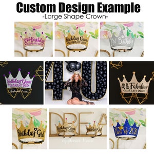 May include: A collection of gold glitter crowns with various phrases, including "Birthday Queen", "40 & Fabulous", "Birthday Girl", and "Class of 2020". The crowns are decorated with purple, blue, and pink glitter accents.