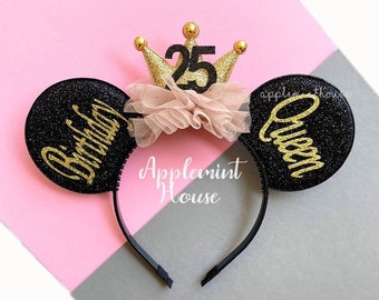 Birthday Black & Gold Party crown ears, Mickey ears, Minnie ears, Birthday Queen ears, Mickey Ears, Custom Birthday ears headband