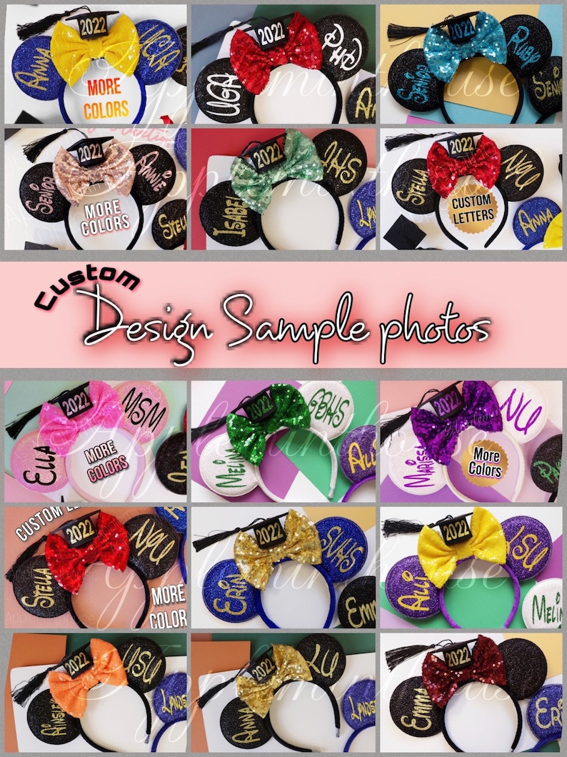 May include: A collection of graduation-themed Minnie Mouse ears with different colours and designs. Each ear has a graduation cap with the year 2022 on it. Some ears have custom lettering, such as names and school initials. The ears are made with glitter and sequins.