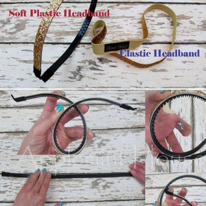May include: Two gold glitter headbands, one with a soft plastic base and the other with an elastic base. The text "Soft Plastic Headband" and "Elastic Headband" is visible in the image. The text "Hand Blade" is also visible on the elastic headband.