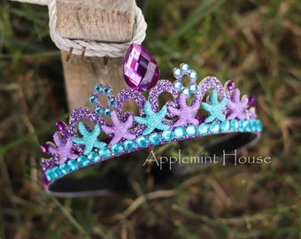 Little Mermaid Crown, Mermaid with Starfish, Princess Tiara for Kids & Adults, Birthday or Cosplay Headband, Purple Mermaid Costume Crown