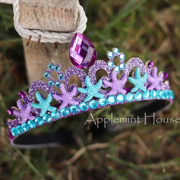 Little Mermaid Crown, Mermaid with Starfish, Princess Tiara for Kids & Adults, Birthday or Cosplay Headband, Purple Mermaid Costume Crown