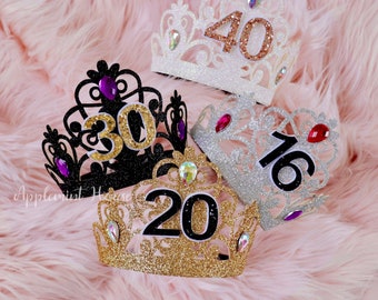birthday crown, adults birthday party crown, glitter gold crown with Age, women Party crown headband, Silver crown, Rose gold crown