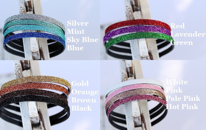Pu&ograve; includere: Un set di 10 fasce per capelli con glitter in vari colori, tra cui argento, menta, azzurro, blu, rosso, lavanda, verde, oro, arancione, marrone, nero, bianco, rosa, rosa pallido e rosa acceso.