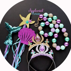 Mermaid Crown and Wand Set, Mermaid Necklace, Mermaid Crown, Mermaid Birthday Crown, Glitter Crown Kids and Girls, Costume Crown Headband