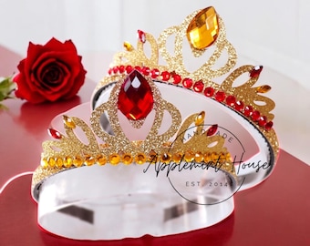 Belle Gold Crown Headband for Girls, Birthday Tiara, Princess Elastic Headband for All Ages, Belle Dress Up Cosplay Headpiece, Belle Costume
