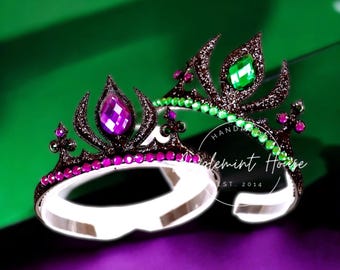 Malficent Crown, Halloween Costume Headband, Birthday Crown, Black Glitter Queen crown, Witch costume Headpiece for Kids & Adults