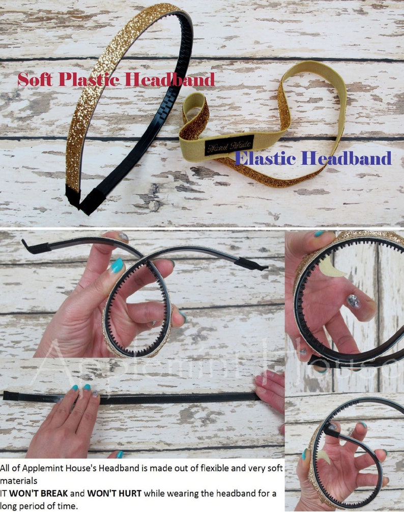 Pu&ograve; includere: Due fasce per capelli dorate con glitter, una con base in plastica morbida e l'altra con base elastica. Il testo "Soft Plastic Headband" e "Elastic Headband" &egrave; visibile nell'immagine. Il testo "Hand Blade" &egrave; anche visibile sulla fascia elastica.