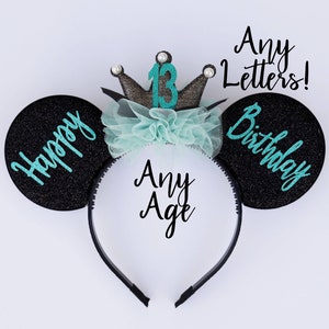 Orecchie di Buon Compleanno personalizzate, orecchie di Topolino con corona, orecchie di Minnie, età e nome personalizzati, fascia per capelli con orecchie di Topolino per bambini, adolescenti e adulti, regalo