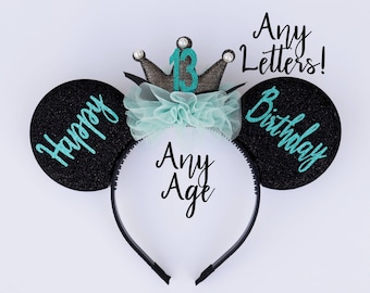 Birthday Party crown ears, Mickey ears, Birthday ears, Custom Birthday Minnie ears, Minnie ears,  Mouse ears headband adults and kids