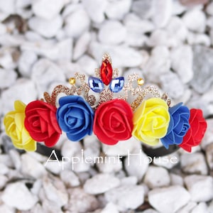 Snow White Color Crown | Red Blue Yellow Flower Headband with Glitter Gold Tiara | Princess Birthday for All Ages | Custom Dress Up Gift