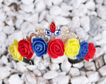 Snow White Color Crown | Red Blue Yellow Flower Headband with Glitter Gold Tiara | Princess Birthday for All Ages | Custom Dress Up Gift