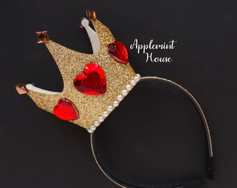 Queen Of Hearts Crown, Queen Of Hearts Headband, Queen Of Hearts Costume crown, Queen Crown, Adults Queen Of Hearts , Kids, Heart gold crown