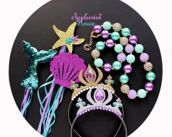 Mermaid Crown and Wand Set, Mermaid Necklace, Mermaid Crown, Mermaid Birthday Crown, Glitter Crown Kids and Girls, Costume Crown Headband