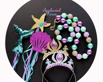 Mermaid Crown and Wand Set, Mermaid Necklace, Mermaid Crown, Mermaid Birthday Crown, Glitter Crown Kids and Girls, Costume Crown Headband