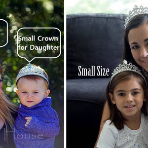 May include: Two people wearing silver jeweled tiaras, one large and one small. The text "Large Crown for Adult" and "Small Crown for Daughter" is above each person. The text "Large Size" and "Small Size" is on the right side of the image. The text "Applemint House" is at the bottom left of the image. The text "Applemin" is at the bottom right of the image. The text "Amanda Anselmi Photography" is at the bottom right of the image.