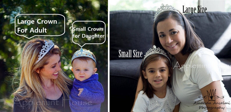 May include: Two people wearing silver jeweled tiaras, one large and one small. The text "Large Crown for Adult" and "Small Crown for Daughter" is above each person. The text "Large Size" and "Small Size" is on the right side of the image. The text "Applemint House" is at the bottom left of the image. The text "Applemin" is at the bottom right of the image. The text "Amanda Anselmi Photography" is at the bottom right of the image.